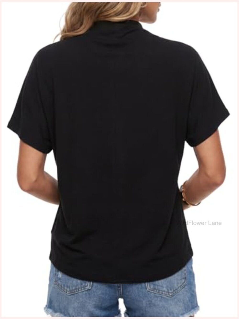 High Mock Neck Batwing Short Sleeve Blouse Asymmetric Hem Casual Top - Picture 5 of 7